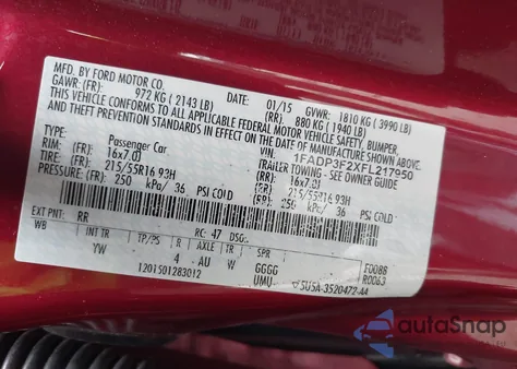 2015 Ford Focus Se z USA, uszkodzony, nr VIN 1FADP3F2XFL217950